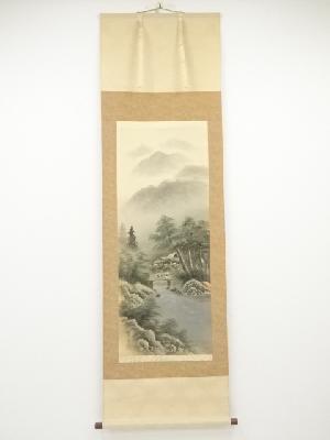 翠雪筆　青緑山水　肉筆絹本掛軸（共箱）